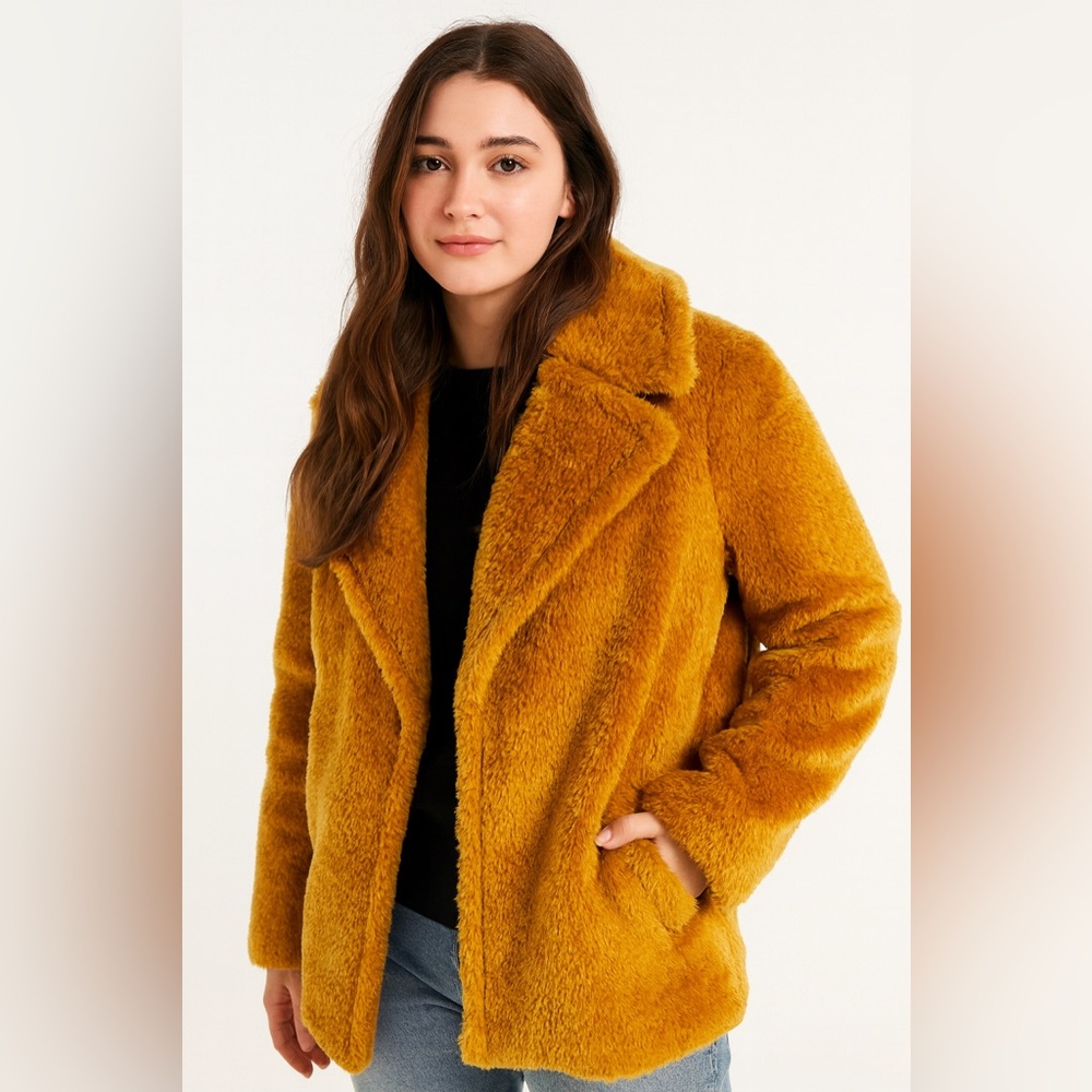 French Connection Mustard Faux Fur Teddy Bear Coat Sz. L